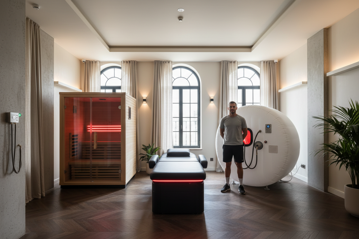 Generate a banner image suitable for a premium online store, but with natural lighting. Feature a photorealistic "Luxury" vibe of a modern architetural high end light and welcomign relaxing wellness room with a dark wood parwut flooring highe celiing and arched windows with balkcdetails and linens curtains and cream walls and a red light hteryp bed, an infrared sauna and an inflatable hyperbarich chamber with a man in front of itas the clear focus. 