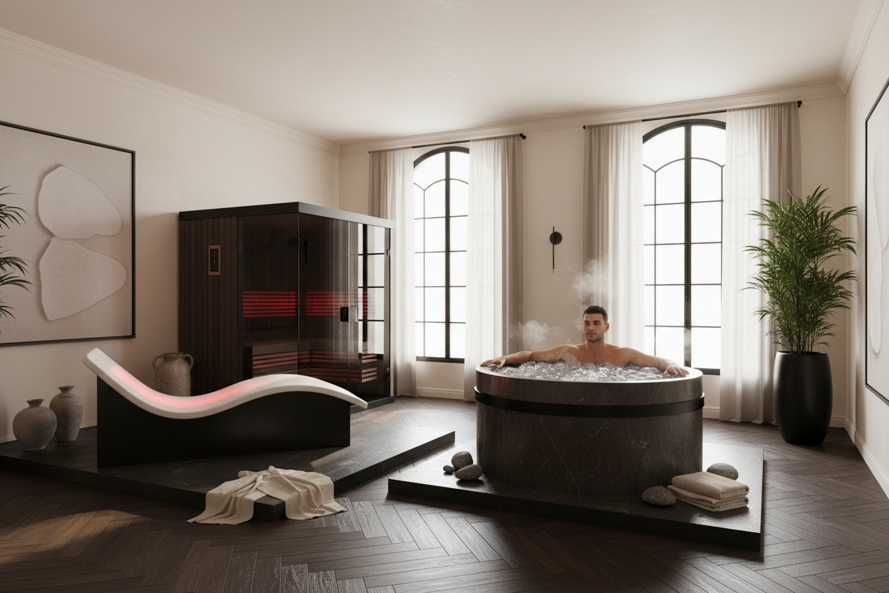 Generate a banner image suitable for a premium online store, but with natural lighting. Feature a photorealistic "Luxury" vibe of a modern architetural high end light and welcomign relaxing wellness room with a dark wood parwut flooring highe celiing and arched windows with balkcdetails and linens curtains and cream walls and a sauna with balck details and a red light hteryp bed and an ice plunge woth ice in it with a man inside of itas the clear focus. 